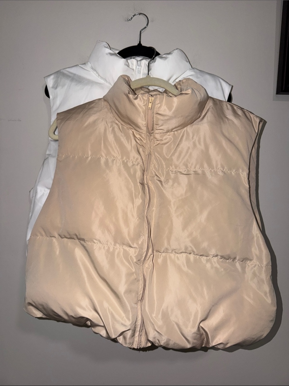 SHEIN White and Tan Quilted Sleeveless Puffer Vests (2 vests)